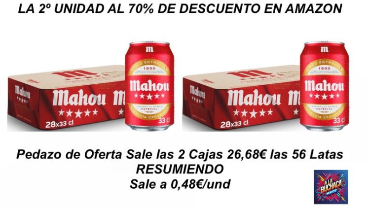 ¡Aprovecha el pack de 28 latas de Mahou 5 Estrellas con un descuento del 70% en la 2º unidad en Amazon!
