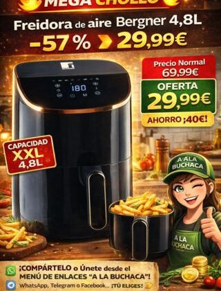 🔥 MEGA CHOLLO Freidora de aire Bergner 4,8L – 🔻–57 % por 🍽️ 29,99 €