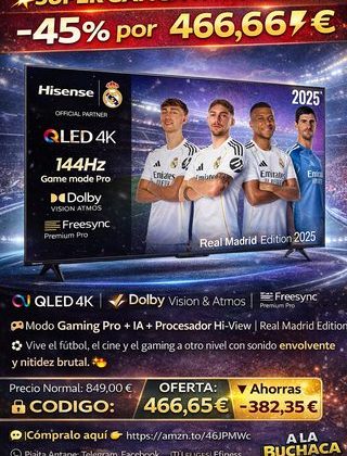 💥 SUPER GANGA TV HISENSE QLED 65” 🔻–45 % por 466,65 €